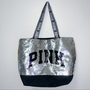 PINK extra large beach tote silver sequins